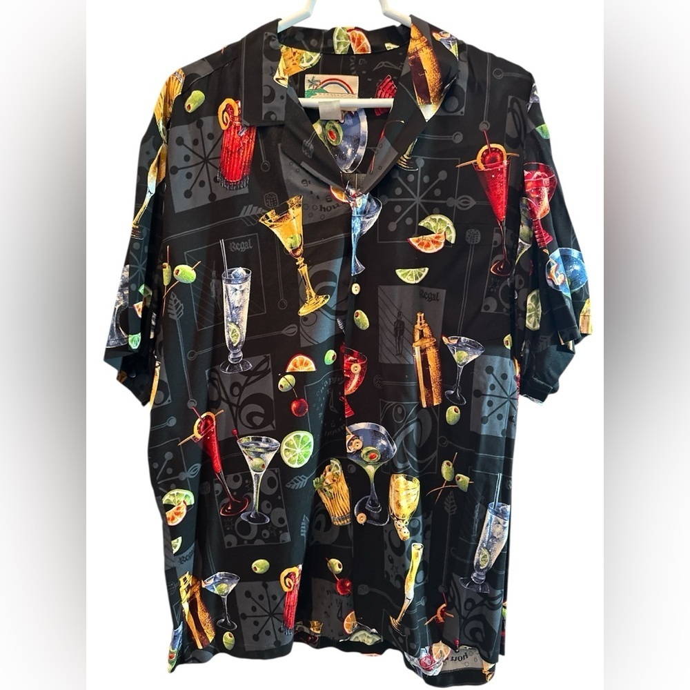 Paradise Found Vintage Hawaiian Cocktails Black Colorful Rayon Shirt Sz Lg